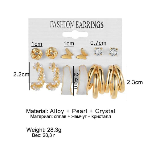 6 Pairs Golden Hoop & Stud Twist Triangle Butterfly C-Shape Earring W/Faux Pearl