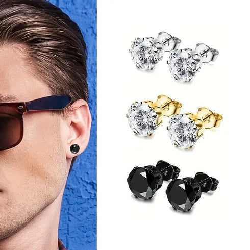 3Pairs Stunning 14k Gold Plated Solitaire Round Cubic Zirconia 6mm Stud Earrings