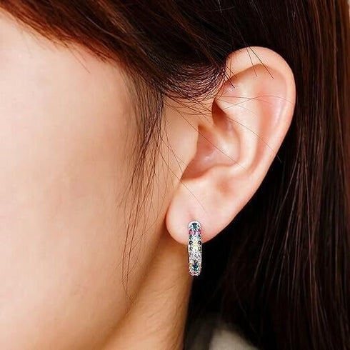 Multicolor Paved 14K White Gold Plated Cubic Zirconia Women Huggie Hoop Earrings