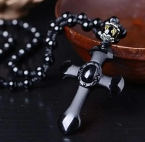 Good Luck Amulet Obsidian Cross Beaded Pendant Necklace