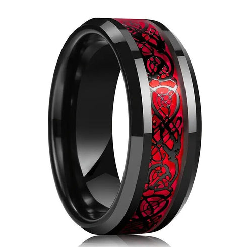 Men's 8mm Tungsten Beveled Edges Red Celtic Dragon Comfort-Fit Wedding Band Ring