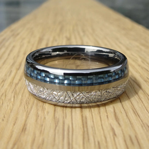 Men's 8mm Tungsten Blue Meteorite Inspired Inlay Comfort-Fit Wedding Band