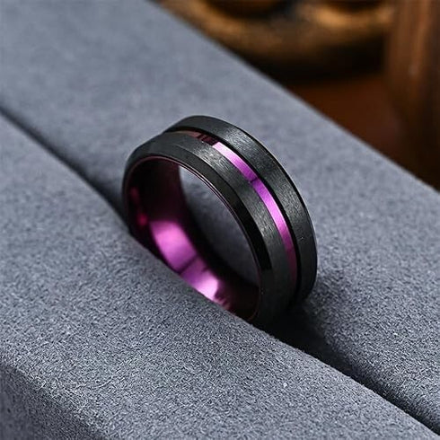 Men 8mm Tungsten Brushed Black Purple Grooved Center Beveled Edges Wedding Band