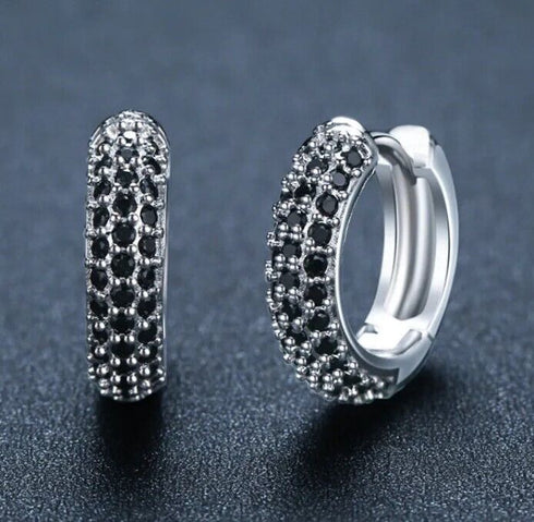Dazzling Micro Pave 14K White Gold Plated 3 Row Black CZ Men Women Hoop Earrings