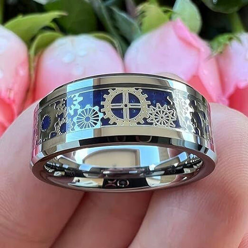 Men 8mm Tungsten Blue Carbon Fiber Steampunk Gear Inlay Comfort-Fit Wedding Ring