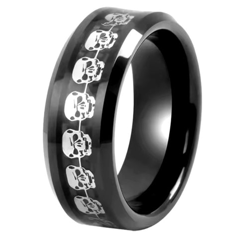 Men 8mm Titanium Black/Blue Laser Skull Carbon Fiber/Matte Black CZ Wedding Band
