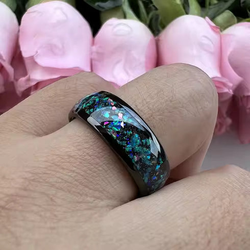 Men's 8mm Black Tungsten Celestial Galaxy Crushed Opal Comfort-Fit Wedding Band