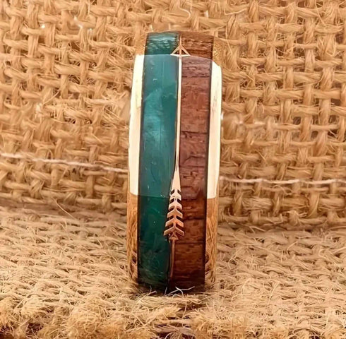 Men's 8mm Tungsten Cupid Arrow Green Malachite & Koa Wood Inlay Wedding Band