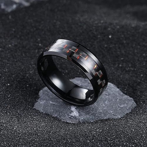 Men's 8mm Tungsten Ring Red Black Carbon Fiber Inlay Comfort-Fit Wedding Band