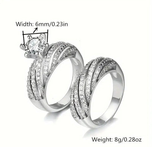 2 Pcs Double Layer 14K White Gold Plated Cubic Zirconia Women's Engagement Ring