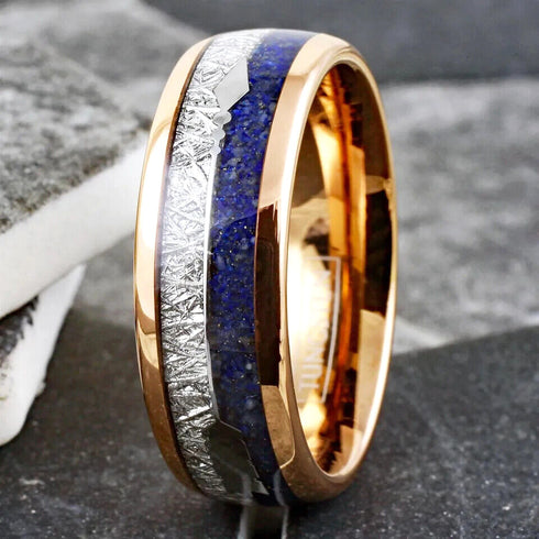 Men's 8mm Rose Gold Tungsten Blue Lapis Lazuli & Meteorite Inspired Wedding Band
