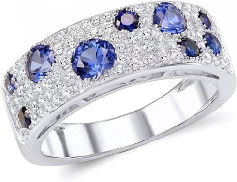 Classic Micro Pave Blue Cubic Zirconia 14K White Gold Plated Ring for Women