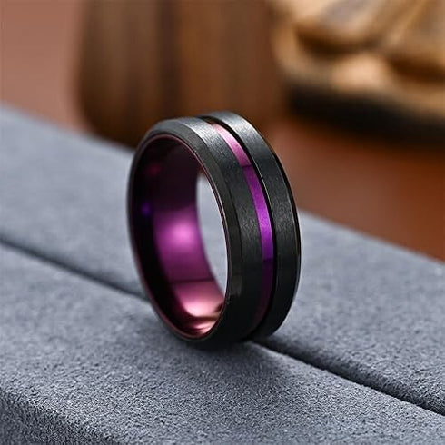 Men 8mm Tungsten Brushed Black Purple Grooved Center Beveled Edges Wedding Band