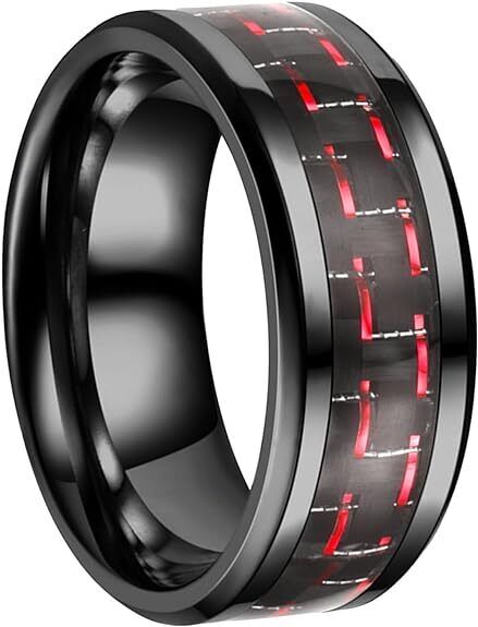 Men's 8mm Tungsten Ring Red Black Carbon Fiber Inlay Comfort-Fit Wedding Band