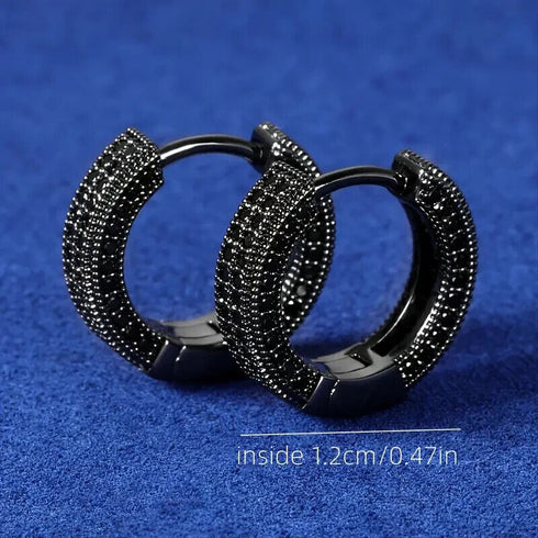 Exquisite Fully Iced Micro Pave Black Cubic Zirconia Men & Women Hoop Earrings