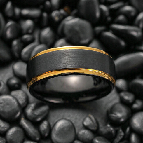 Men's 8mm Tungsten Comfort-Fit Black & 18K Gold Trim Engagement Wedding Band