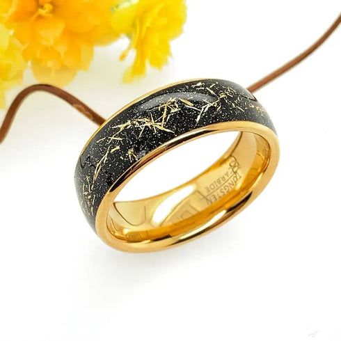 Men's 8mm Titanium Yellow Gold Leaf & Black Sandstone Comfort-Fit Wedding Band