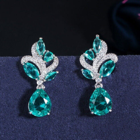 Elegant Aquamarine 14K White Gold-Plated Cubic Zirconia Women Dangle Earrings