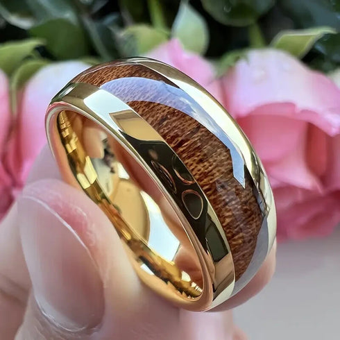 Men's 8mm Tungsten Yellow Gold Hawaii Koa Wood Comfort-Fit Polished Wedding Band