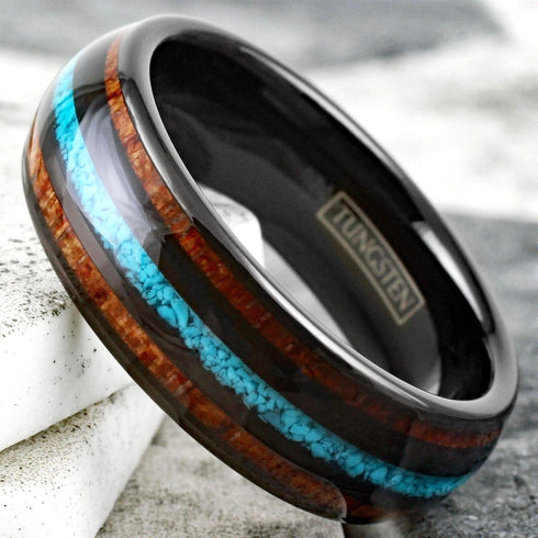Men's 8mm Tungsten Carbide Crushed Turquoise Koa Wood Comfort-Fit Wedding Band