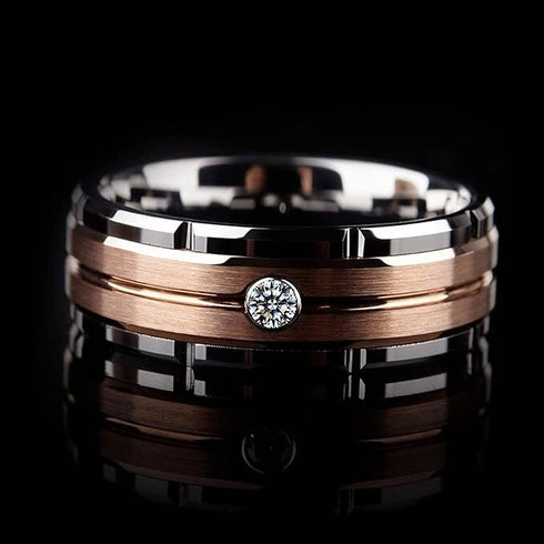 Men 8mm Titanium Steel Carving Pattern 2-Tone Silver Rose Zirconia Wedding Band