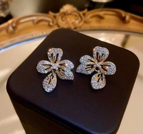 Elegant Round Cut Floral Stud 14K Gold-Plated Cubic Zirconia Women Earrings