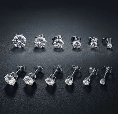 6Pair Surgical Steel Cubic Zircon 3/4/5/6/7/8mm Solitaire Men Women Stud Earring