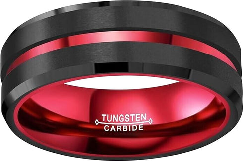 Men's 8mm Tungsten Brushed Black W/Red Grooved Center Comfort Fit Wedding Band