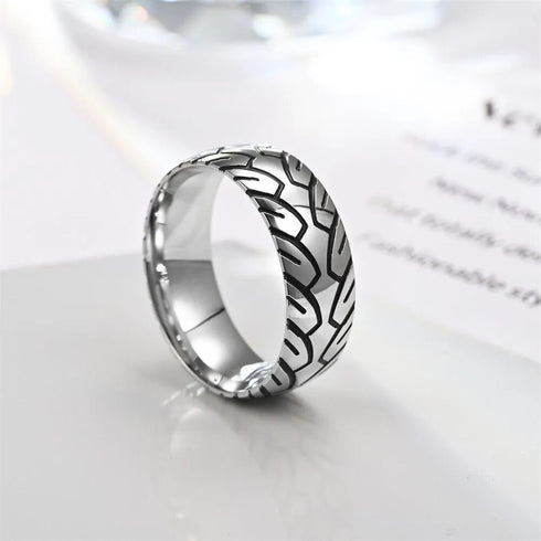Men 8mm Titanium Motorcycle Tire Tread Pattern & Anodized Inlays Non-Fading Band