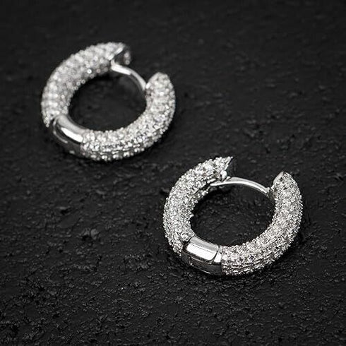 Fully Iced 18K White Gold Plated 3Row Honey Comb Zirconia Men Women Hoop Earring
