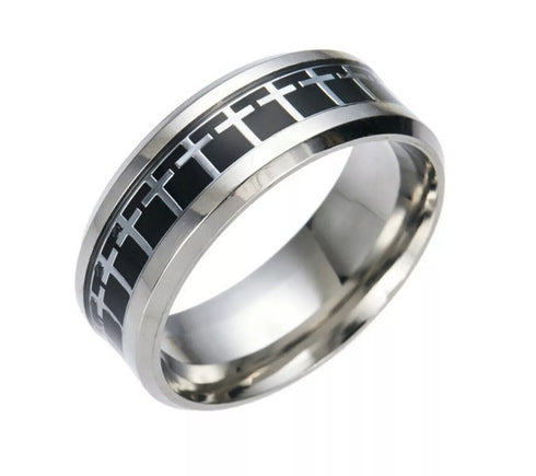 Steel Beveled Edge Black Cross Pattern Comfort-Fit 8mm Titanium Wedding Band