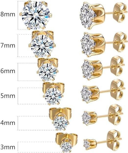 6Pairs 14K Gold Plated Cubic Zirconia 3/4/5/6/7/8mm Stud Earrings For Men Women