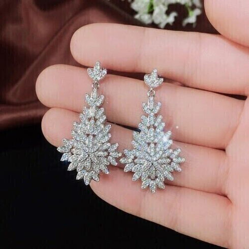 Luxury Leaf Drop Dangle 18K White Gold-Plated Cubic Zirconia Bridal Earrings