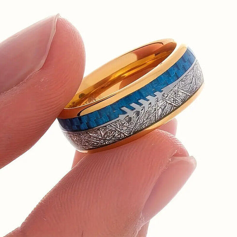 Men's 8mm Tungsten Cupid's Arrow Meteorite Inspired & Blue Lasurite Inlay Band