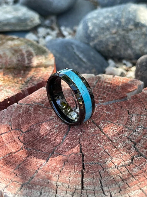Men 8mm Tungsten Black Turquoise Beveled-Edge Comfort-Fit Polished Wedding Band