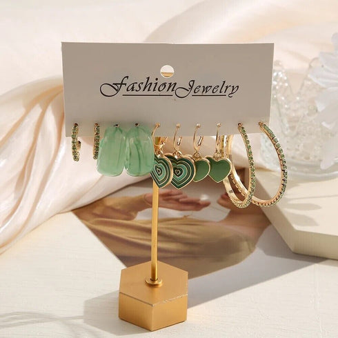 5 Pairs of Golden & Green Hoop Earrings Bohemian Geometric Heart C Shape Jewelry