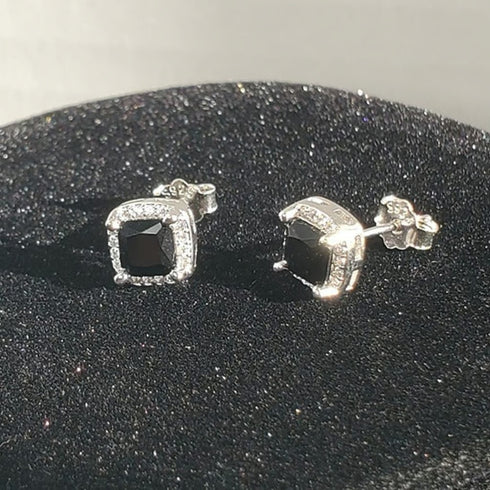 14K Gold Plated Cushion Cut Square Black Onyx Cubic Zirconia Men Women Earrings