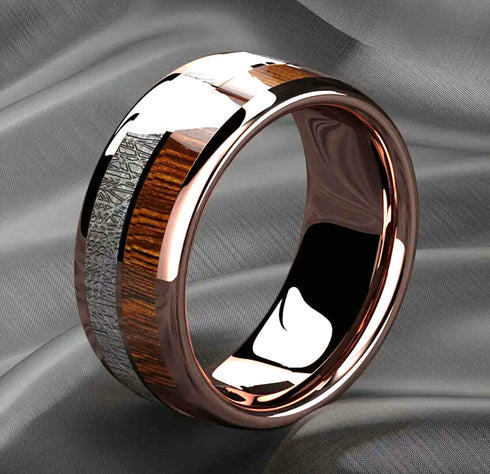 Men 8mm Tungsten Rose Gold Plated Silver &Koa Wood Inlay Engagement Wedding Band