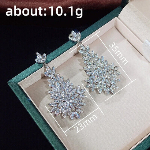 Luxury Leaf Drop Dangle 18K White Gold-Plated Cubic Zirconia Bridal Earrings