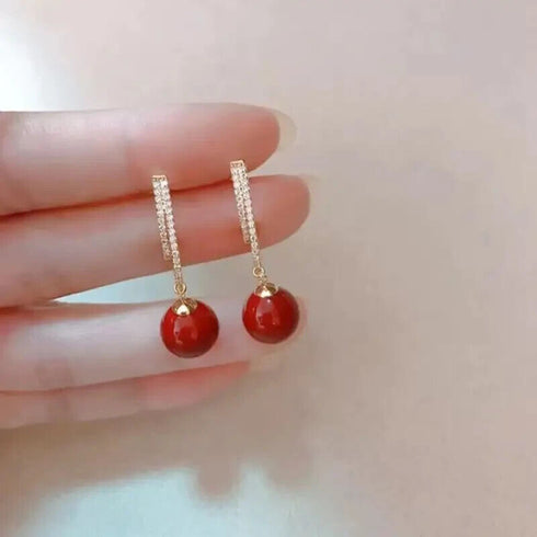 Stunning Red Pearl Drop 14K Gold-Plated Cubic Zirconia Women Earrings