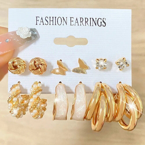 6 Pairs Golden Hoop & Stud Twist Triangle Butterfly C-Shape Earring W/Faux Pearl
