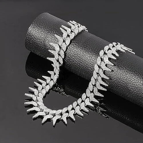 2 Pc FULLY ICED 14K White Gold Plated CZ Thorn Cuban Link Chain Necklace & Bracelet