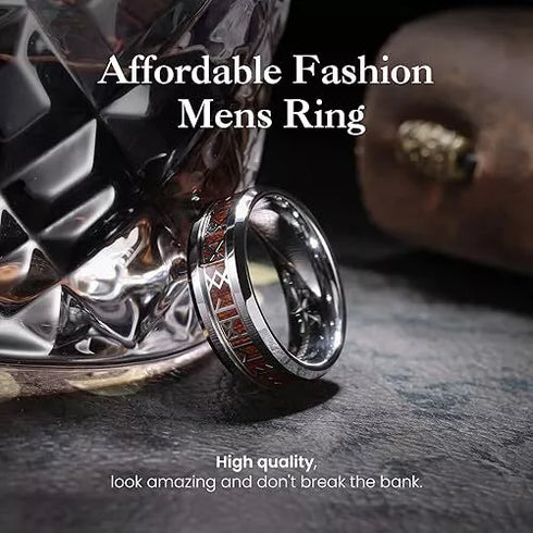 Men's 8mm Tungsten Viking Runes Pattern Wood Inlay Comfort-Fit Wedding Band