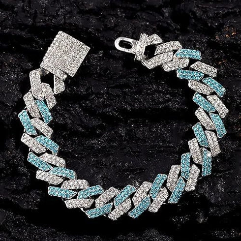 2Pc FULLY ICED 14K White Gold Plated CZ Miami Cuban Link Chain Necklace & Bracelet