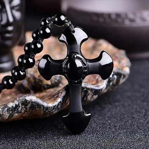 Good Luck Amulet Obsidian Cross Beaded Pendant Necklace
