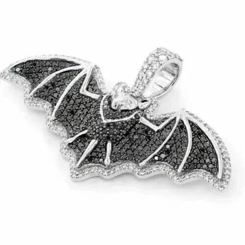 Iced Out Paved 14K White Gold Plated Cubic Zirconia Black Bat Pendant Necklace
