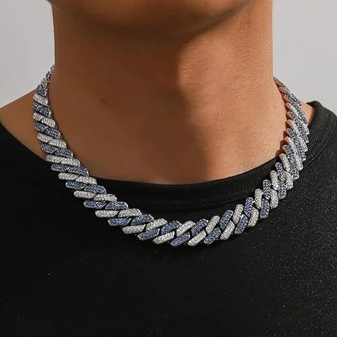 2 Pc Men Women FULLY ICED Rhombus Blue Cuban Link Chain 2Row CZ Necklace & Bracelet