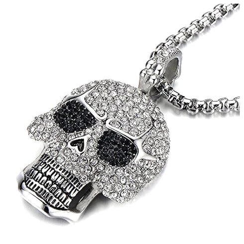 Iced Out 14K White Gold Plated Cubic Zirconia Sugar Skull Head Pendant Necklace