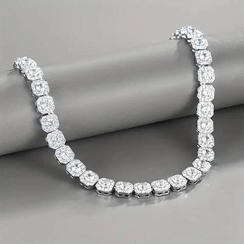 2-Pc FULLY ICED 14K White Gold Plated Square Cluster CZ Tennis Chain Necklace & Bracelet