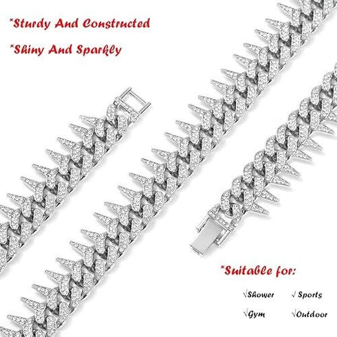 2 Pc FULLY ICED 14K White Gold Plated CZ Thorn Cuban Link Chain Necklace & Bracelet